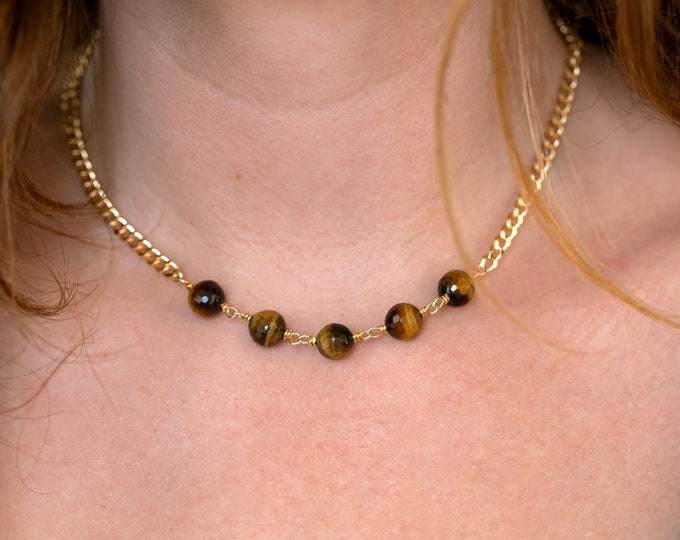 Tiger Eye Necklace with Toggle Clasp, Beaded Statement Necklace, Protection Crystal Gift, Gemstone Layering Choker, Unique Trendy Curb Chain