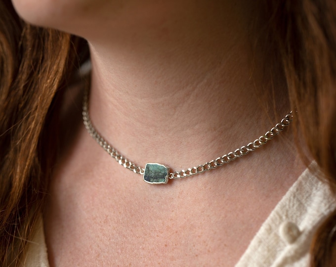 Emerald Thick Chain Choker, Silver Chunky Curb Layering Necklace, Natural Gemstone Slice Crystal Charm, Toggle Clasp, Christmas Gift
