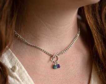 Custom Birthstone Necklace, Thick Chain Choker Silver, Mom of 2 Necklace, Curb Toggle Charm Layering Necklace, Personalized Christmas Gift