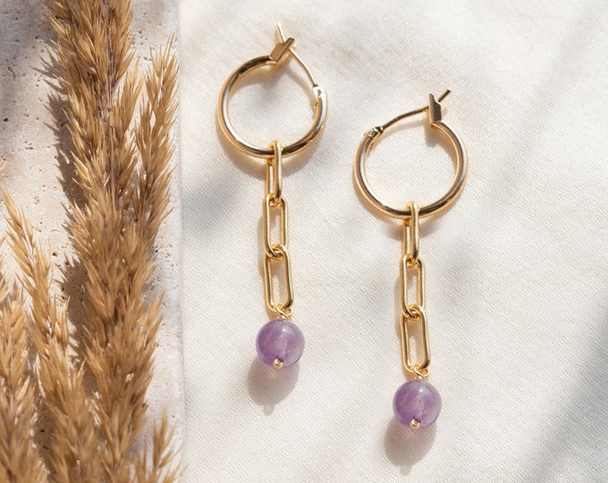 Amethyst Dangle Hoops, Gold Paperclip Link Chain Earrings, Birthstone Crystal Charm Huggies, Lightweight Everyday Stacking, Birthday Gifts