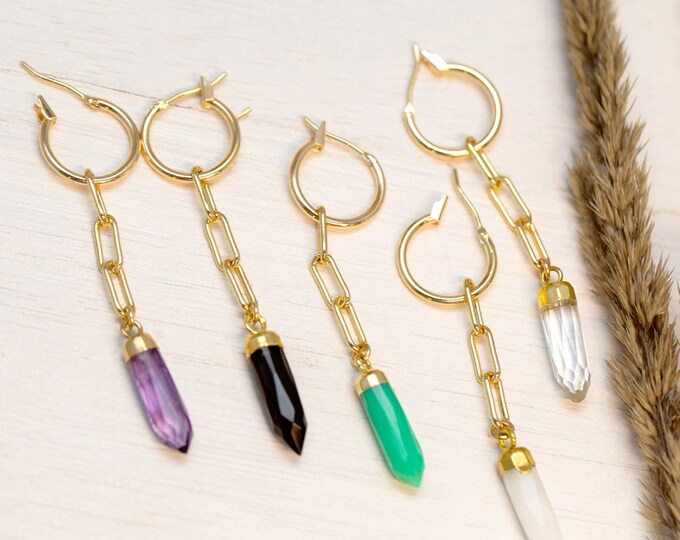 Crystal Spike Paperclip Chain Huggies, Gemstone Point Charm Huggie Hoops, Single Mismatched Earrings Lightweight Dangle, Trendy Gift for Mom