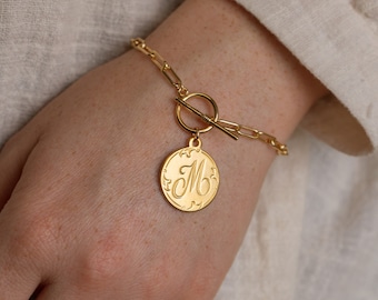 Personalized Bracelet, Gold Paperclip Chain Toggle Bracelet, Letter M Monogram Coin Initial Disc Chunky Link Bracelet, Statement Bracelet