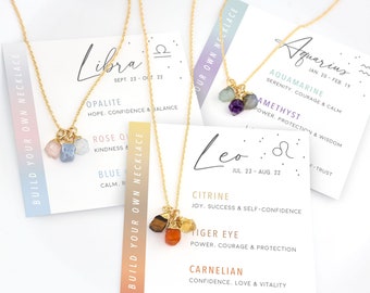 Dainty Zodiac Crystal Set Necklace, Natural Raw  Crystal Charms, Perfect Gift for Friend Sister Teenager, Personalized Zodiac Jewelry
