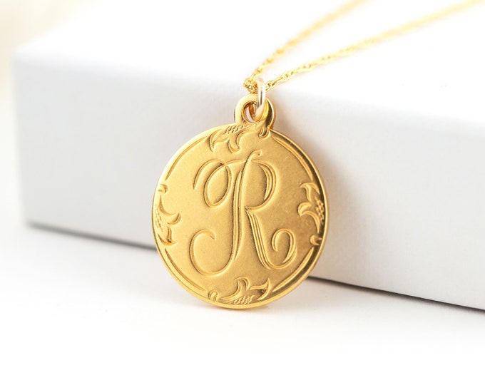 Engraved Initial Pendant, Letter R Personalized Initial Necklace, Gold Bridesmaid Gift, Monogram Coin Pendant