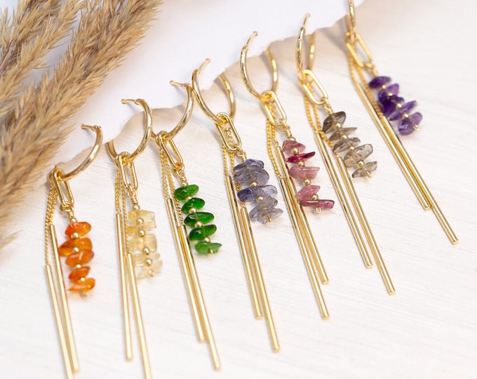 Raw Crystal Bar Drop Hoops, Colorful Birthstone Earrings Gift Daughter or Friend, Beaded Tassel Dangle Huggie Hoops, Long Bar Charm Huggies