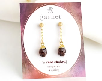 Garnet Drop Earrings, Natural Gemstone Studs, January Birthstone Gift, Gold / Silver Chain Drop Dangle Studs, Lightweight Everyday Jewelry