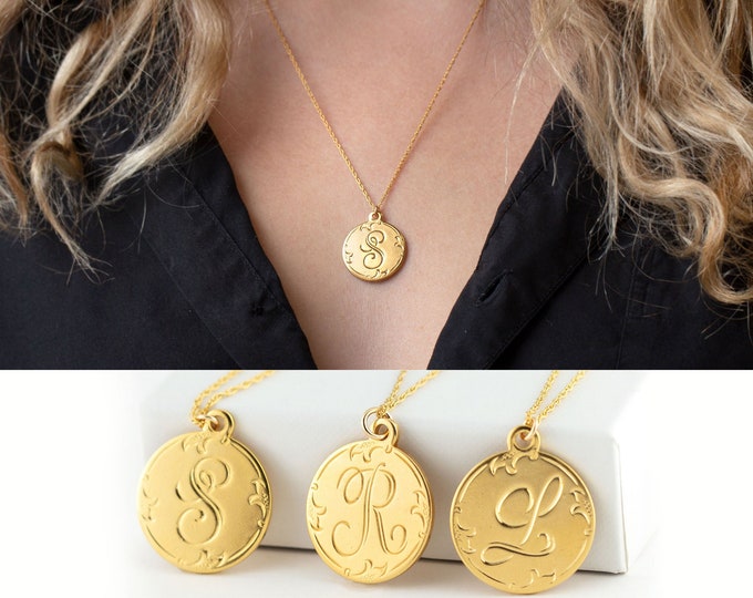 S Initial pendant, Gold L Initial Necklace, Script Monogram Coin Disc Necklace, Layering Letter Charm Pendant, Vintage Personalized Alphabet