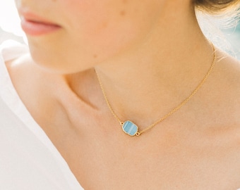 Dainty Blue Opal Necklace, Natural Opal Charm Connector Necklace, Something Blue Crew Gifts, Minimalist Bridal Jewelry, October Birthstone