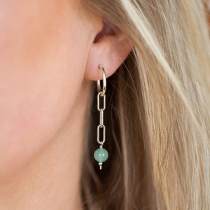 Silver Chain Drop Huggies, Green Aventurine Dangle Link Crystal Charm Hoops, Paperclip Drop Earrings, Minimalist Everyday Huggie Hoops Gifts