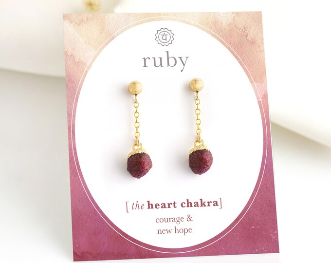 Raw Ruby Dangle Studs, Natural Ruby Crystal Post Drop Earrings, Unique July Birthday Gift, Bridesmaid Birthstone Personalized Group Gift