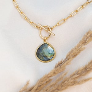 Labradorite Toggle Charm Necklace, Chunky Paperclip Chain Choker, Everyday Layering Necklace, Statement Jewelry Trends, Birthday Gifts