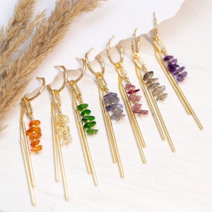 Raw Crystal Bar Drop Hoops, Colorful Birthstone Earrings Gift Daughter or Friend, Beaded Tassel Dangle Huggie Hoops, Long Bar Charm Huggies