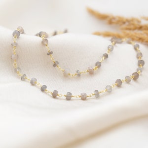 Dainty Grey Moonstone Beaded Necklace, Tiny Crystals Minimalist Beaded Layering Chain Choker, Boho June Birthstone Necklace, Birthday Gift