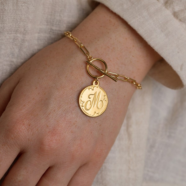Personalized Bracelet, Gold Paperclip Chain Toggle Bracelet, Letter M Monogram Coin Initial Disc Chunky Link Bracelet, Statement Bracelet
