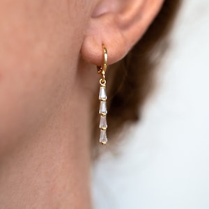 Minimalist CZ Hoops, Dainty Bridal Drop Earrings, Gold Huggie Hoops with Charm, Simple Bridesmaid Jewelry Gift Crystal Diamond Modern Dangle