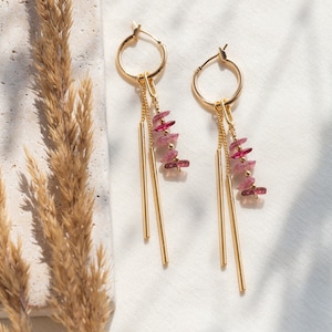 Pink Tourmaline Charm Hoops, Long Bar Drop Tassel Dangle Earrings, Lightweight Everyday Huggies, October Birthstone Gift, Small Charm Hoops