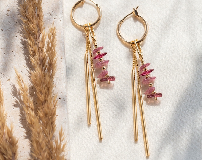 Pink Tourmaline Charm Hoops, Long Bar Drop Tassel Dangle Earrings, Lightweight Everyday Huggies, October Birthstone Gift, Small Charm Hoops