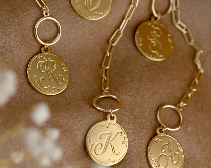 Paper Clip Toggle Chain, Medal Initial Necklace, Gold Letter Pendant Necklace, Round Alphabet Script Fancy Medallion Pendant, Birthday Gift