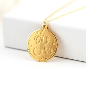 Engraved Initial Pendant, Letter R Personalized Initial Necklace, Gold Bridesmaid Gift, Monogram Coin Pendant