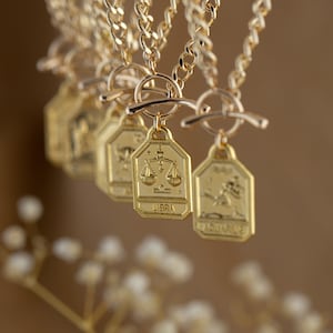18K Gold Zodiac Sign Tag Necklace, Rectangle Zodiac Pendant, Cuban Chain Necklace, Horoscope Necklace, Taurus, Scorpio, Aries, Capricorn