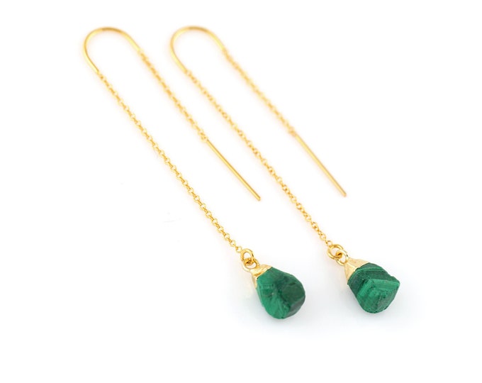 Tiny Malachite Drop Earrings, Dangle Green Genuine Raw Gemstone Threaders, Boho Gold Filled  Crystal Jewelry, Perfect Gift for Her