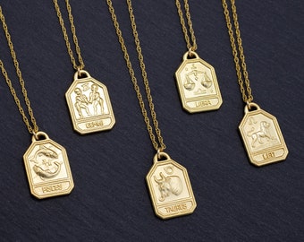 Personalisierte Sternzeichen Schmuck Geschenk, Astrologie Halskette Geburtstagsgeschenk, Horoskop Charme Halskette, himmlische Sternzeichen, Quadrat Gold Zodiac