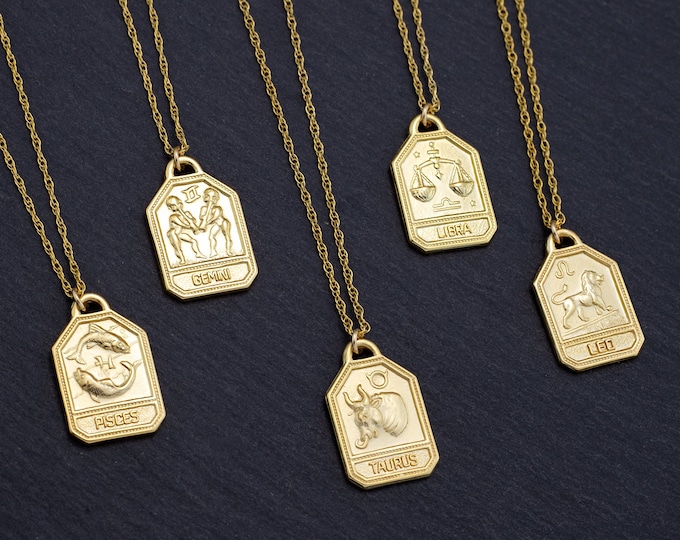 Personalized Zodiac Jewelry Gift, Astrology Necklace Birthday Gift, Horoscope Charm Necklace, Celestial Zodiac, Square Gold Zodiac