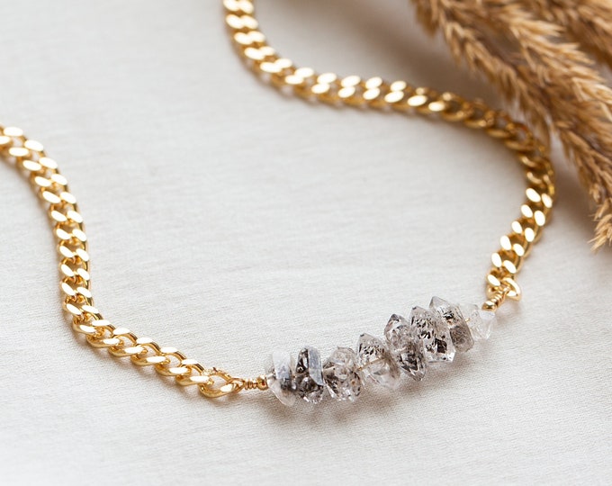 Raw Diamond Bar Necklace, Natural Herkimer Diamond April Birthstone Gift, Chunky Curb Chain Necklace, Crystal Choker, Modern Bride Necklace