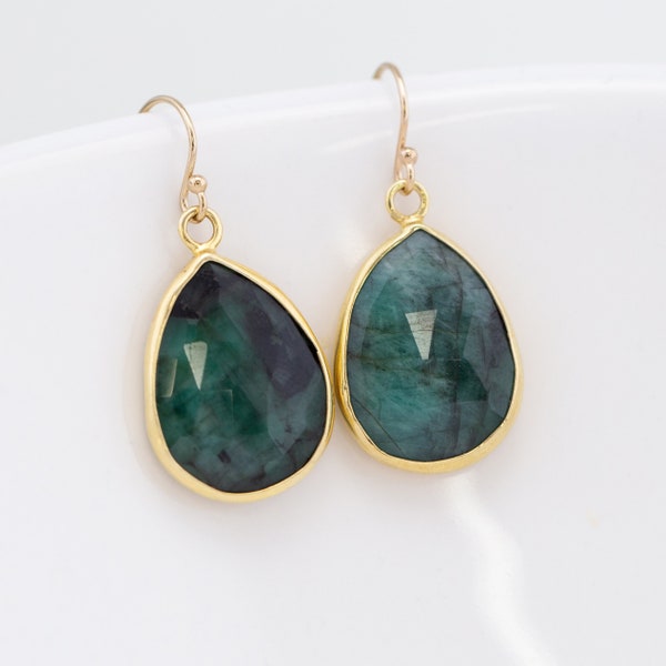 Natural Raw Emerald Earrings, Genuine Stone Drop Earrings Faceted Bezeled Gemstone, May Birthstone Gift, Boho Large Stone Statement Earrings
