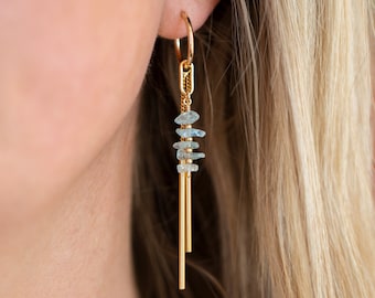 Aquamarine Long Dangle Earrings, Charm Tassel Huggie Hoops, Beaded Crystal Gemstone Huggies, Handmade Trendy Jewelry, March Birthstone Gift