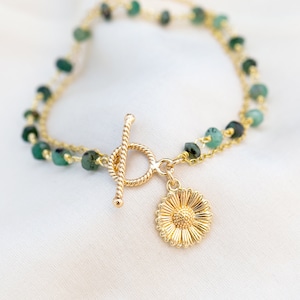 Beaded Emerald Sunflower Charm Bracelet, Personalized Gift for Her, Custom Birthstone Bracelet Stacking, Beaded Crystal Chain Toggle Clasp