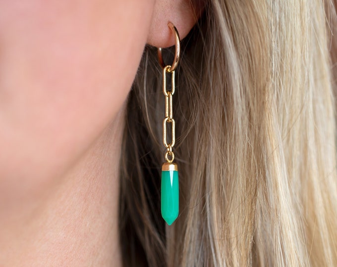 Chunky Dangle Hoops, Mint Green Chrysoprase Crystal Huggies, Genuine Gemstone Charms, Paperclip Chain Statement Earrings, Colorful Jewelry