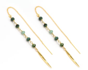 Green Emerald Beaded Threaders, Natural Gemstone Crystal Chain Drop Dangle Earrings, May Birthstone, Wedding Guest Jewelry, Dainty Colorful