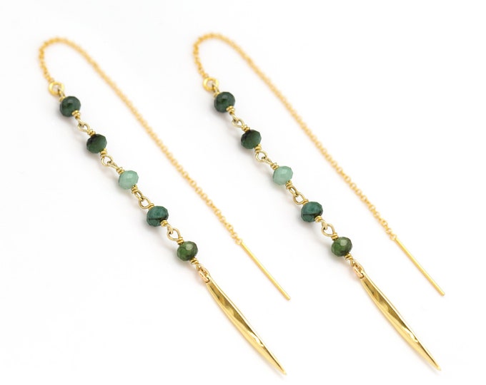 Green Emerald Beaded Threaders, Natural Gemstone Crystal Chain Drop Dangle Earrings, May Birthstone, Wedding Guest Jewelry, Dainty Colorful