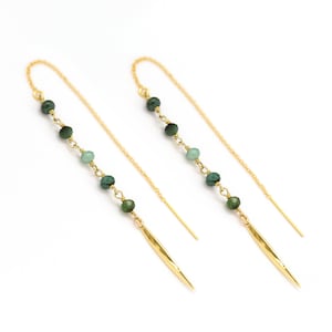 May include: A pair of gold dangle earrings with a long chain and green gemstone beads. The earrings have a pointed gold charm at the end.