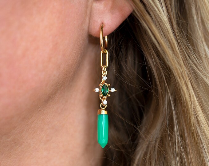 Green Gemstone Tassel Earrings, Emerald Statement Earrings Dangle, Gold Huggie Hoops Customized Charms, Mismatched Resort Earrings, BFF Gift