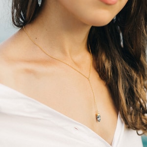 Dendrite Opal Lariat Necklace, October Birthstone, Gemstone Spike Necklace, Delicate Y Necklace Gold, Marble Jewelry, Birthday Gift, LN-B