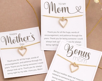Birthday Gift Necklace Gold, Personalized Message for Mom, CZ Diamond Heart Dainty Minimalist Necklace for Her, 14k Gold Filled Necklace