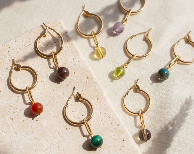 Tiny Crystal Hoops, Dainty Genuine Real Gemstone Charms, Everyday Earrings Huggie Hoops, Birthstone Jewelry Gift Mom Grandma Daughter Aunt