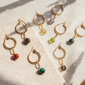 Tiny Crystal Hoops, Dainty Genuine Real Gemstone Charms, Everyday Earrings Huggie Hoops, Birthstone Jewelry Gift Mom Grandma Daughter Aunt