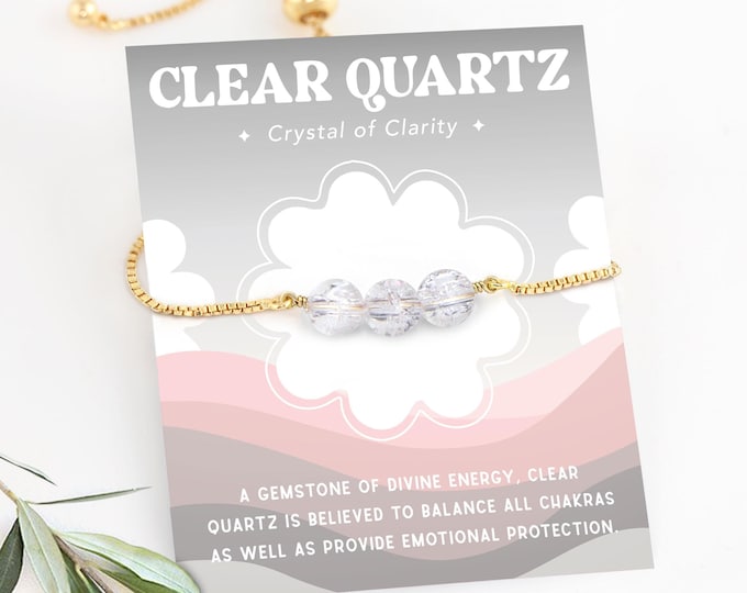 Clear Quartz Crystal Charm Bracelet, Chakra Balancing Protection Divine Feminine Gift, Minimalist Stacking Bracelet Beaded Chain Adjustable