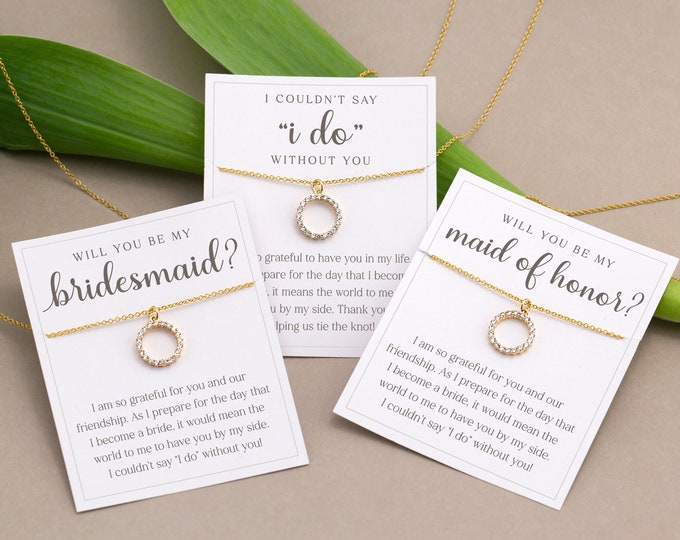 Bridesmaid Proposal Gifts Under 20, Dainty Gold Filled CZ Necklace, Minimalist Bridal Party Jewelry Gift, Thank You from Bride Necklace Card