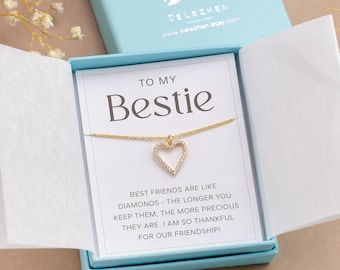 Gold Bestie Necklace Gift, CZ Diamond Heart Dainty Minimalist Necklace for Girl, 14k Gold Filled Friendship Birthday Gift, Necklace on Card