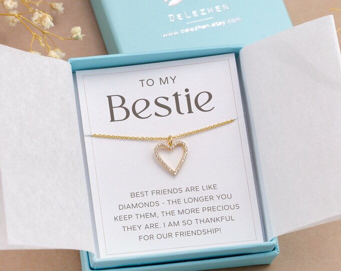 Gold Bestie Necklace Gift, CZ Diamond Heart Dainty Minimalist Necklace for Girl, 14k Gold Filled Friendship Birthday Gift, Necklace on Card