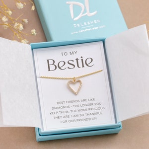 Gouden bestie ketting cadeau, CZ diamanten hart sierlijke minimalistische ketting voor meisje, 14k gold filled vriendschap verjaardagscadeau, ketting op kaart