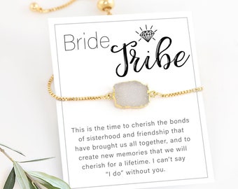 Bride Tribe Proposal Jewelry Gift, Bridesmaid Gifts, Bridal Shower Favors, White Druzy Bracelet, Personalized Bachelorette Wedding Favors