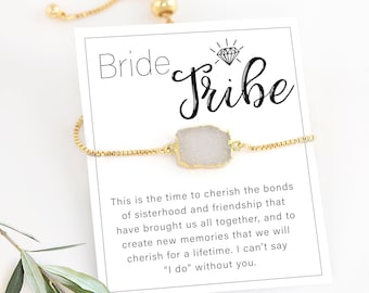 Bride Tribe Proposal Jewelry Gift, Bridesmaid Gifts, Bridal Shower Favors, White Druzy Bracelet, Personalized Bachelorette Wedding Favors