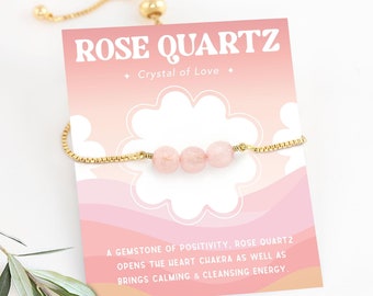 Rose Quartz Beaded Bracelet, Crystal of Love Positive Vibes Gift, Gold or Silver Box Chain Adjustable Stacking Bracelet, Pink Crystal Beads