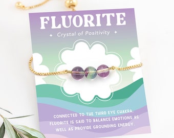 Fluorite Crystal Positive Vibes Gift Bracelet, Rainbow Fluorite Gemstone Beaded Adjustable Bracelet, Dainty Everyday Stacking Bolo Pull Tie