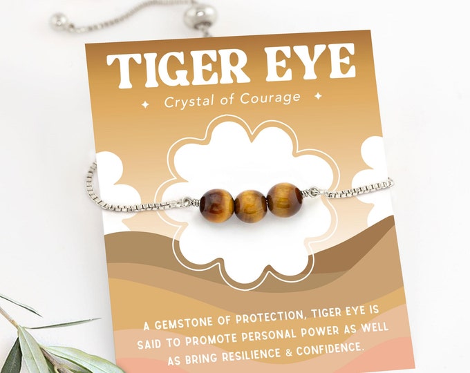Tiger Eye Bracelet, Crystal of Courage & Protection Jewelry Gift, Silver Stacking Bracelet, Genuine Beaded Gemstones, Christmas Gift for Her